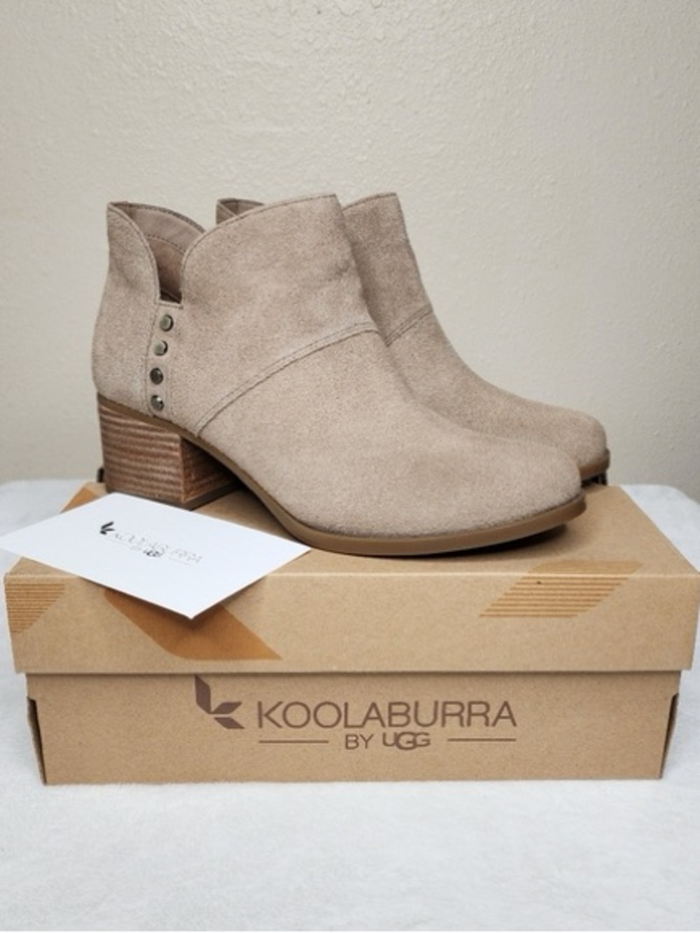 NIB Koolaburra Beige Suede Ankle Booties with Stud Accents